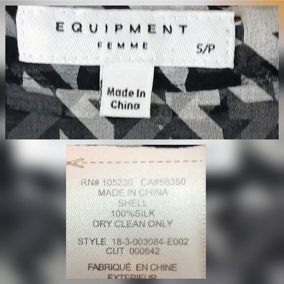 Equipment Femme SZ S 100% Silk Black & Gray Houndstooth Button Up Sheer Blouse - Picture 6 of 6